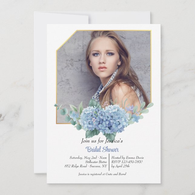 Invitation photo avec cadre d'hortensia bleu (Devant)