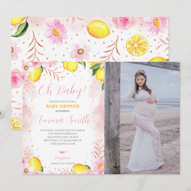 Invitation Photo Baby shower à la limonade florale (Devant / Derrière)