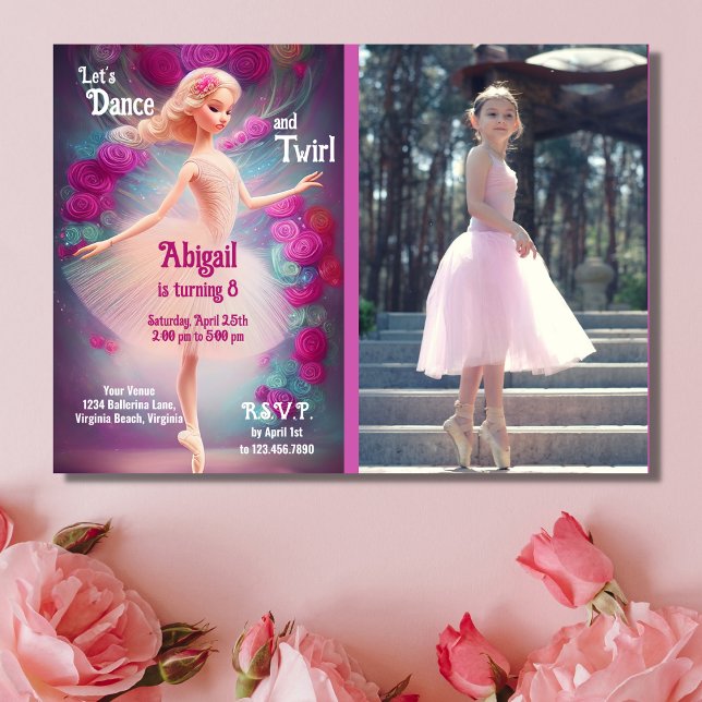 Invitation Photo Ballerina Rose Floral Ballet Anniversaire (Créateur téléchargé)