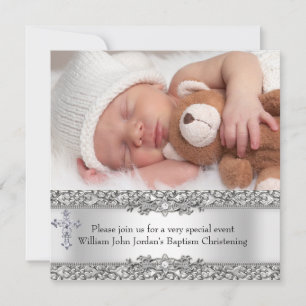 Invitation Photo Baptême Croix dentelle argent Baby Boy Girl