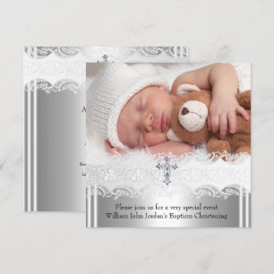 Invitation Photo Baptême Croix dentelle bébé garçon fille arg