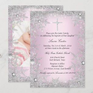 Invitation Photo Baptême Flocon de Neige Rose Argent