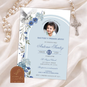 Invitation Photo Baptême Hydrangea Fleur Sauvage Bleue