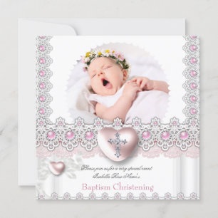 Invitation Photo Baptême Pink Silver Heart Cross Girl Pearl 2