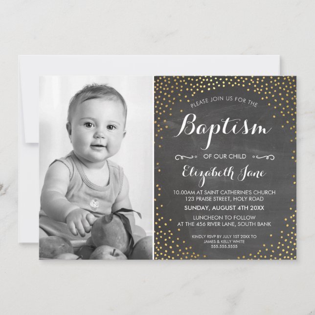 Invitation PHOTO BAPTISM jolie mini confetti en or (Devant)