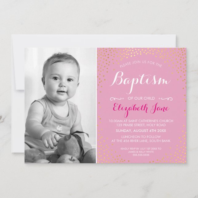 Invitation PHOTO BAPTISM mignon mini confetti en or motif ros (Devant)