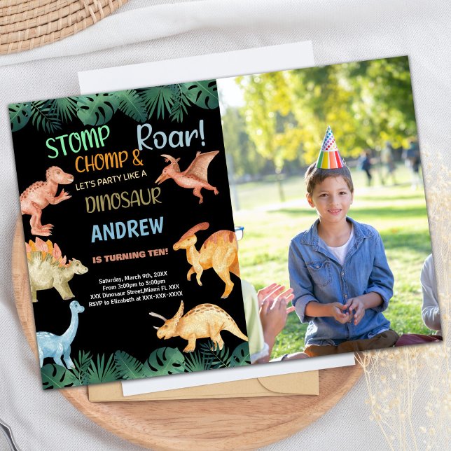 Invitation Photo Barwon Black Parties scintillant Dinosaur An (Photo Barwon Black Glitter Dinosaur Birthday Invitation)