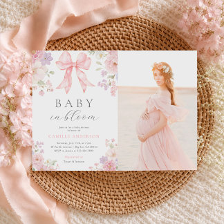 Invitation Photo bébé Fleurs avec un Nœud Rose pour Baby Show