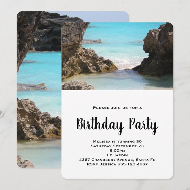 Invitation Photo Bermuda Coast & Tropical Sea Birthday (Devant / Derrière)