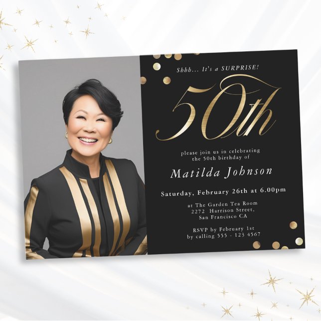 Invitation Photo Black and Gold 50th Birthday Surprise Party (Mockup View)