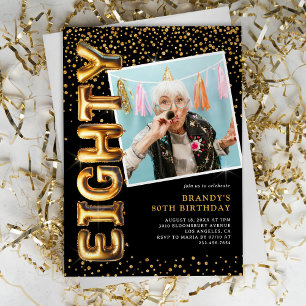 Invitation Photo Black and Gold 80th Birthday