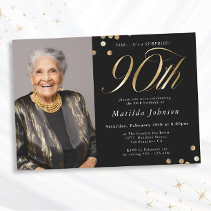 Invitation Photo Black and Gold 90th Birthday Surprise Party