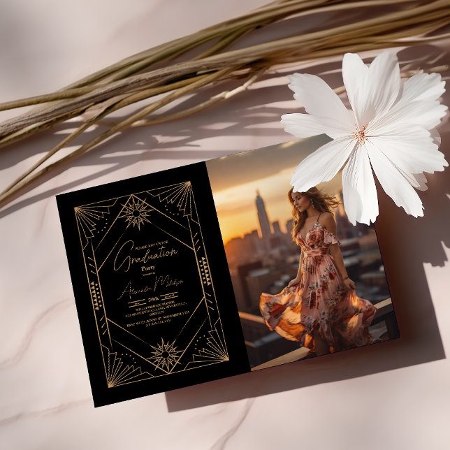 Invitation Photo Black and Gold Art Deco Graduation (Créateur téléchargé)