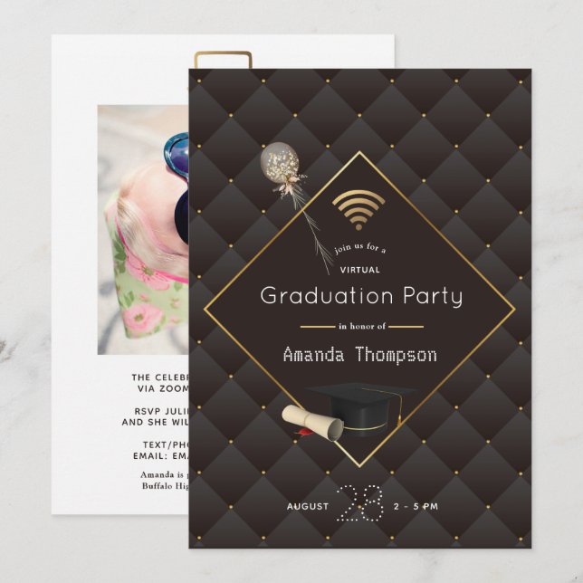 Invitation Photo Black and Gold Virtual Graduation Party (Devant / Derrière)