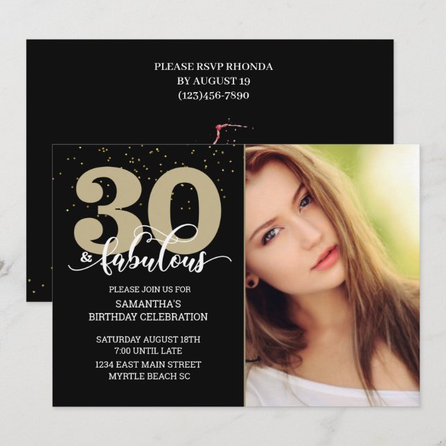 Invitation Photo Black Gold 30 et Fabulous Birthday Party (Devant / Derrière)
