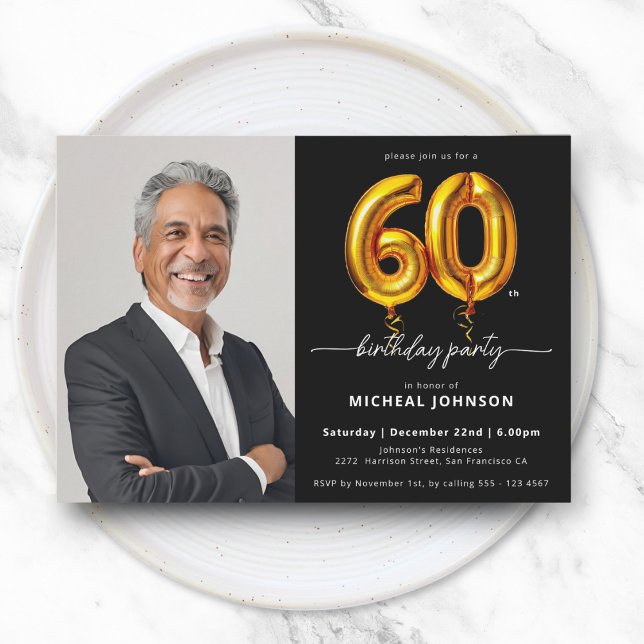 Invitation Photo Black Gold 60e anniversaire (Photo Black Gold 60th Birthday Invitation)