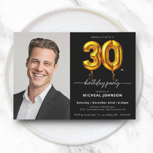 Invitation Photo Black Gold Balloon 30e anniversaire