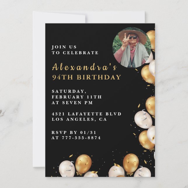 Invitation Photo Black Gold Balloon 94e anniversaire (Devant)