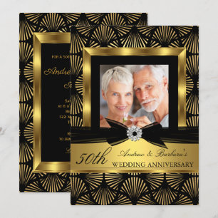 Invitation Photo Black Gold Deco 50e anniversaire de Mariage