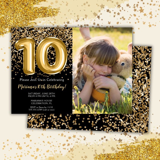 Invitation Photo Black Gold Enfants Fille 10e fête d'annivers (Créateur téléchargé)