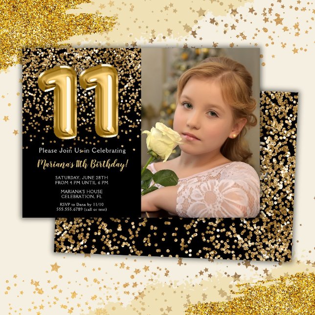 Invitation Photo Black Gold Enfants Fille 11e fête anniversai (Créateur téléchargé)