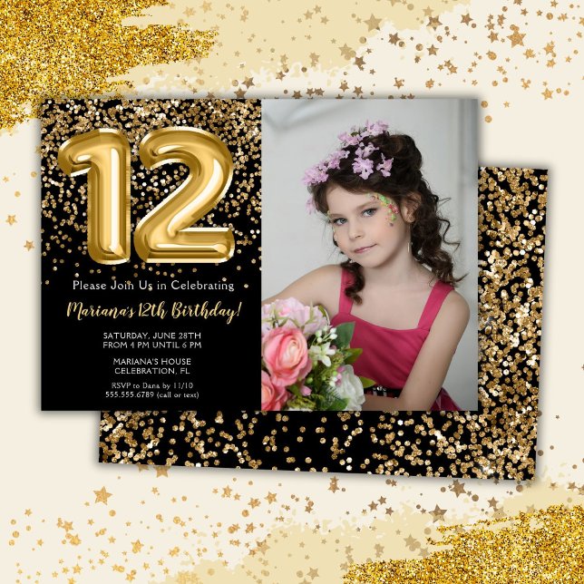 Invitation Photo Black Gold Enfants Fille 12e fête d'annivers (Créateur téléchargé)