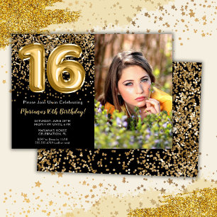 Invitation Photo Black Gold Enfants Fille 16e fête d'annivers