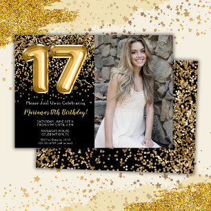 Invitation Photo Black Gold Enfants Fille 17e fête d'annivers