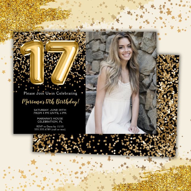 Invitation Photo Black Gold Enfants Fille 17e fête d'annivers (Créateur téléchargé)