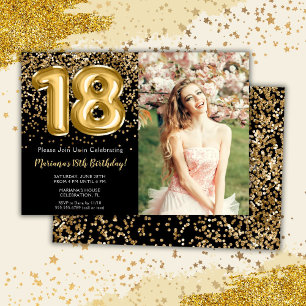 Invitation Photo Black Gold Enfants Fille 18e fête d'annivers