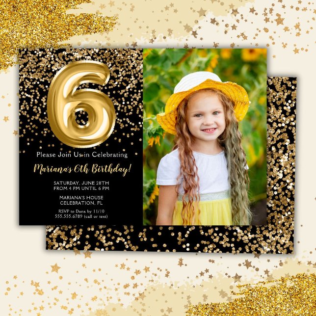 Invitation Photo Black Gold Enfants Fille 6e fête d'anniversa (Créateur téléchargé)