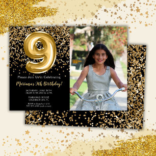Invitation Photo Black Gold Enfants Fille 9e fête d'anniversa