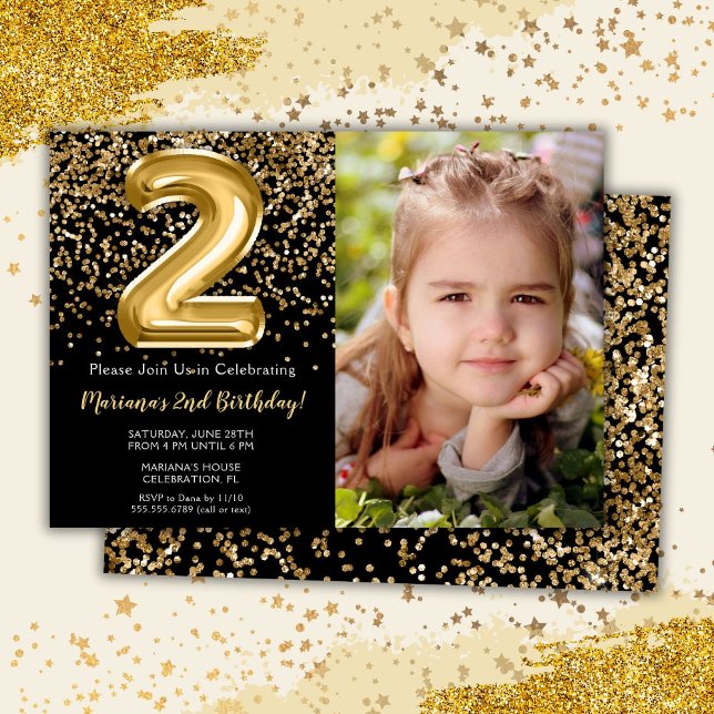 Invitation Photo Black Gold Girl 2e fête d'anniversaire (Créateur téléchargé)