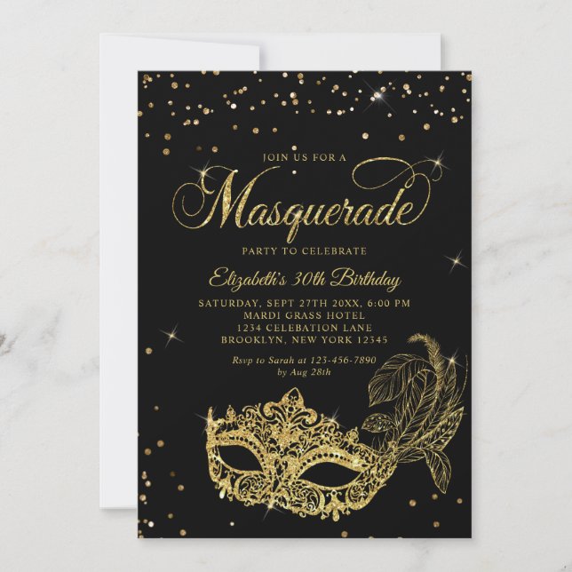 Invitation Photo Black Gold Glitter Masquerade Birthday (Devant)