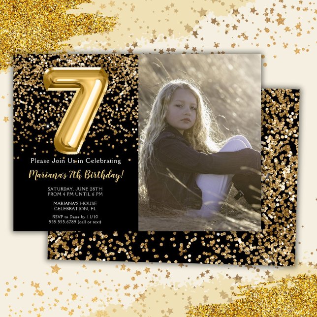 Invitation Photo Black Gold Kids Girl 7e fête d'anniversaire (Créateur téléchargé)
