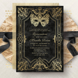 Invitation Photo Black Gold Masquerade Quinceanera