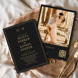 Invitation Photo Black Gold moderne QR Code Mariage