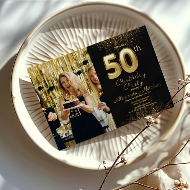 Invitation Photo Black Gold Typographie Cinquante-50e anniver (Créateur téléchargé)