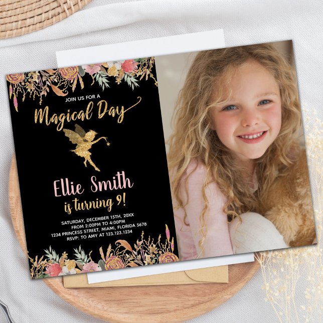 Invitation Photo Black Parties scintillant Floral Fairy Anniv (Photo Black Glitter Floral Fairy Birthday Invitation)