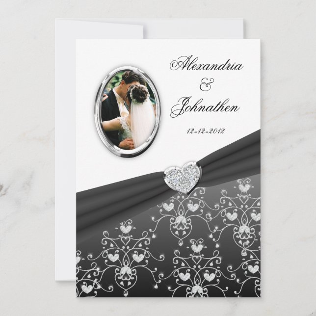 Invitation photo Black Ribbon Heart Mariage damass (Devant)