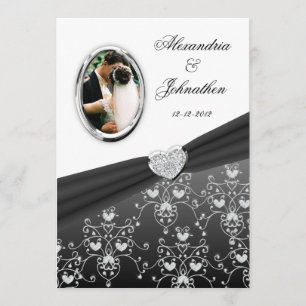 Invitation photo Black Ribbon Heart Mariage damass