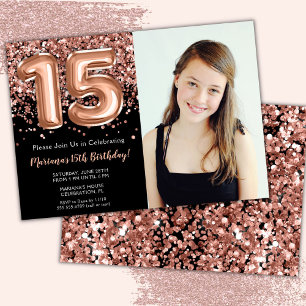 Invitation Photo Black Rose Gold Parties scintillant 15e anni