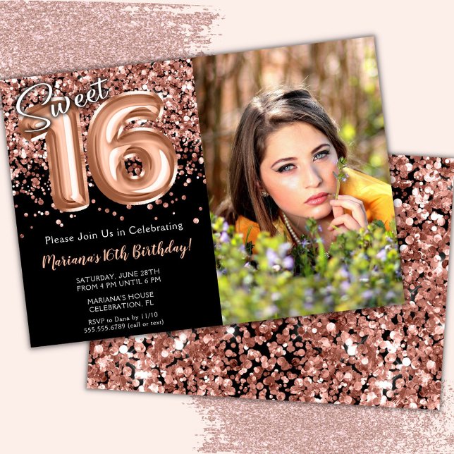 Invitation Photo Black Rose Gold Sweet 16e fête d'anniversair (Créateur téléchargé)