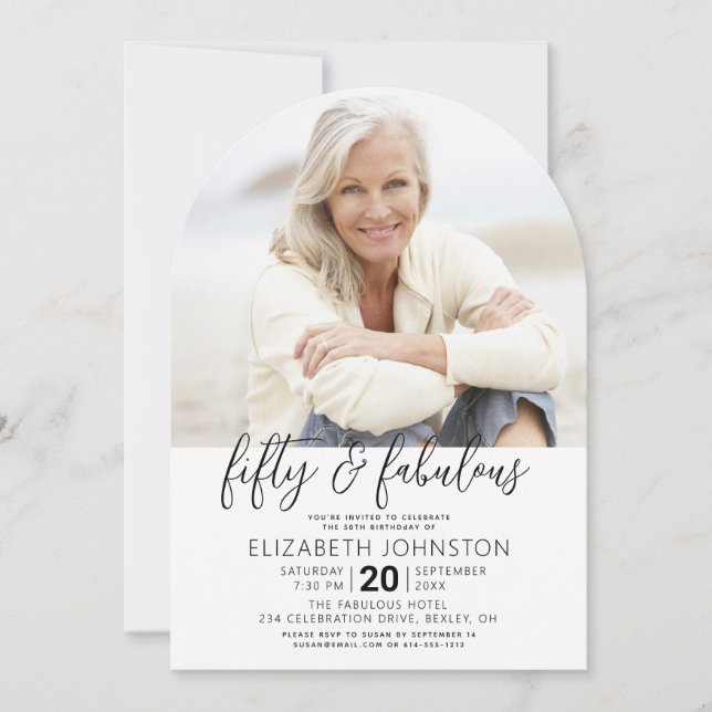 Invitation Photo Black White 50 Fabulous Birthday Arch Modern (Devant)