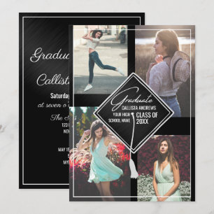 Invitation Photo Black White Casquette et Tassel Diplôme enca