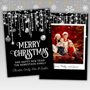 Invitation Photo Black White String Lights Christmas Card