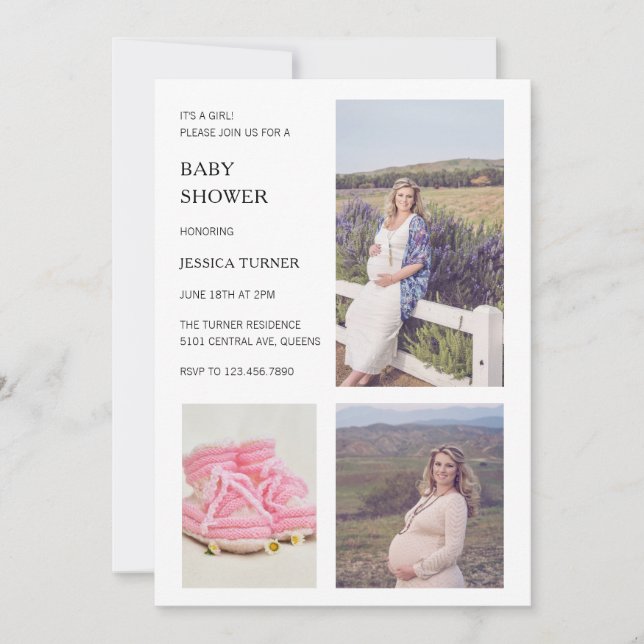 Invitation Photo blanche moderne Collage Baby shower fille (Devant)