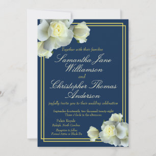 Invitation Photo bleu marine Elegant Gold Script Rose blanche