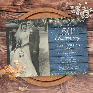 Invitation Photo Bleu Rustique Cœurs Dorés 50e Anniversaire