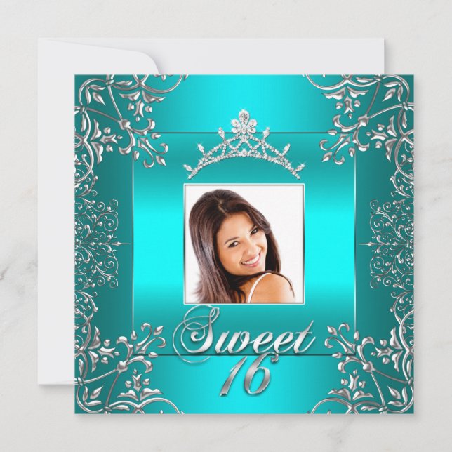 Invitation Photo bleu turquoise Sweet 16 Seize 16e anniversai (Devant)